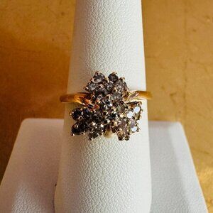 Vintage 14K Yellow Gold Floral Cluster Diamond Ring Statement Cocktail size 8